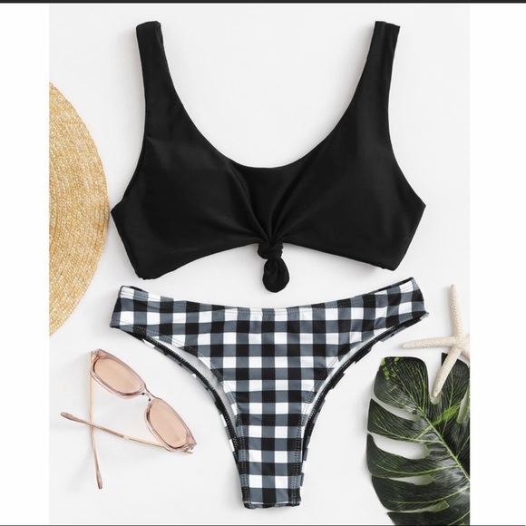 ✂️ NEW Tie Crop Tank Cheeky Gingham Bottoms Black - Picture 2 of 4